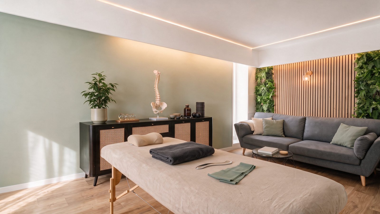 FlexFit Behandlungsraum: Massageliege, Sideboard mit Anatomie-Modell, salbeigrüne Wand, Holzlamellen und Lounge-Bereich